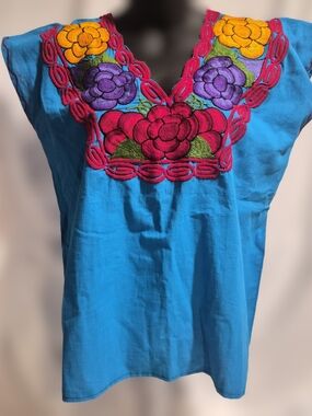 Mexican Embroidered Floral Blouse Boho Turquoise Peasant Tunic Top Large